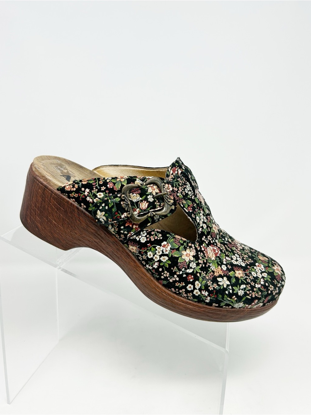 Alegria Selina Clog Mule Shoes Floral Multicolor Buckle Wedge Heel Size 39